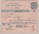 Krone + Adler, 1893, Postanweisungsstammteil, Mi.- Nr.: A9, verwendet für 1 Betrag von Zwickau nach Greiz