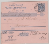 Krone + Adler, 1894, Postanweisungsstammteil, Mi.- Nr.: A9, verwendet für 1 Betrag von Auerbach nach Barmen