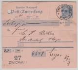 Krone + Adler, 1893, Postanweisungsstammteil, Mi.- Nr.: A9, verwendet für 1 Betrag von Zwickau Reichenbach
