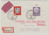 Saarland, 1957, Mi.- Nrn.: 399 (vom Or.!) u.a. in MiF, auf Eilboten- R.- Rückschein- Fernbrief von Saarbrücken nach Regensburg