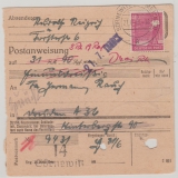 Kontrollrat- OST, 21.6.48, Mi.- Nr.: 954 als EF auf Postanweisung über 31,90 RM, von Sörnewitz nach Dresden und zurück