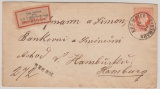 Österreich- Ung., Kaiserreich, 1890, 5 Kr. GS- Umschlag, gebraucht als Auslands- Einschreiben von Kremsier nach Hamburg