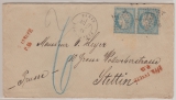 Frankreich, 1871, 25 Ct. (2x) als MeF auf Auslandsbrief (mit Nachporto) von Paris nach Stettin