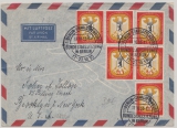 Berlin, 1955, Mi.- Nrn.: 129 (2x) + 130 (4x) in MiF auf  Bedarfs- FDC, als Luftpost- Auslandsbrief von Berlin nach New York (USA)