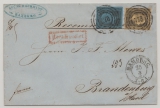 Preußen, ca. 1857, Mi.- Nr.: 3 + 4 als MiF auf einschreiben- Fernbrief von Hambug nach Brandenburg