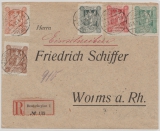 Marienwerder, 1920, Mi.- Nrn.: 1- 4 + 7 als MiF auf Einschreiben- Fernbrief von Deutscheylau nach Worms