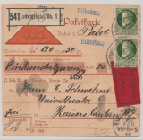 Bayern, 191, Mi.- Nr.: 95 I (2x vs.) + 98 I (4x rs.) als MiF auf Paketkartenstammteil für ein Eilboten- NN-Paket von von Ludwigshafen nach Kaiserlautern