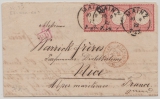 DR, Brustschilder, 1872, Mi.- Nr.: 19 (3x, / als 3er-Streifen!), als MeF auf Auslandsbrief von Mainz nach Nice (Fr.)