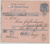 DR, Krone / Adler, 1899, 20 RPfg.- Postanweisungs- GS- Stammteil (Mi.- Nr.: A 9) für einen Betrag von Zwickau nach Lippstadt