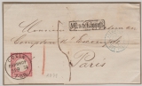 DR, Kaiserreich, Brustschilder, 1874, Mi.- Nr.: 19, als EF auf Auslandsbrief von Coeln nach Paris, mit Nachporto belegt!