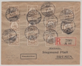 Dt. Kolonien, Kiautschou, 1906, Mi.- Nr.: 18 (11x) als MeF, auf Einschreiben- Drucksache von Tsingtau, nach Bremen