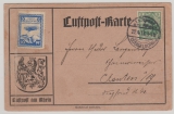 DR, 1913, Mi.- Nr.: 85 I + Flugpostmarke Nr. 9, als MiF auf Flugpostkarte per erste Dt. Luftpost am Rhein nach Xanten