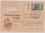 SBZ, Allgem Ausg. / DDR, 1950, 10 Pf. GS + Mi.- Nr.: 212 (1x, vom SR mit Bordüre) als Zusatz, als Fernpostkarte von Dresden nach Leipzig nach