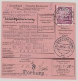 BRD, 1954, Mi.- Nr.: 188, als EF auf Auslands- Postanweisung (+ rs. Franz. Frankatur) für Betrag von Marburg nach Paris