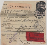 DR, Germania, 1920, Mi.- Nr.: 96 II (8x vs. + rs.) auf Eilboten- Auslands- Paketkartenstammteil von Berlin nach Helsingborg (Schweden)