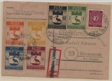 Lokalausgaben, D.- OST, 1946, Strausberg, Mi.- Nrn.: 9- 14 A u.a., in MiF auf E.- Fernpostkarte von Strausberg nach Schwanewede