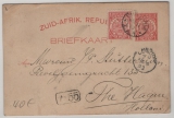 Süd- Afrika, 1893, 1 P.- GS- Karte + 1 P. Zusatz, gelaufen als Auslandspostkarte von Pretoria via London nach The Hague (NL)
