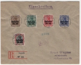 Postgebiet Ober Ost, 1915, Mi.- Nrn.: 2, 3, 5, 8, 10, 11 + 12 je in MiF auf 2 R.- Fernbriefen, von Suwalki nach Nürnberg, mit Zensur