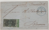 Hannover, ca. 1857, Mi.- Nr.: 9 (2x) + 1 Randbordüre, als MeF auf R.- Fernbrief von Dorfhagen (netter Vorphila- Stempel!) nach Bremen