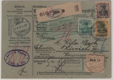 DR, Germania 1912, Mi.- Nrn.: 85I, 88I + 91 I als MiF auf Auslandspaketkarte für 1 Paket von Köln nach Zürich (CH)