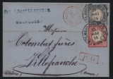 Brustschilder, 1874, Mi.- Nr.: 19 + 20 als MiF als Auslandsbrief von Mülhausen i. Els. (Hufeisenstempel!) nach Villefrancke (Fr.)