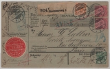 DR, 1899, Mi.- Nr.: 37 (2x) + 46 + 49 in MiF auf Auslandspaketkarte, für ein Paket von Braunschweig nach Paris (Fr.)