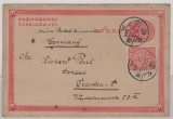 China, 1900, 1 Ct.- GS- Karte + 5 Ct. Zusatzfrankatur, gelaufen als Auslandskarte von Tientsin nach Dresden