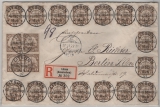 Dt. Kolonien, Kiautschou, 1907, Mi.- Nr.: 28 (20x), als MeF auf Einschreiben- Fernbrief von Litsun nach Berlin, dekorativ und selten!