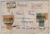 Spanien, 1918, 15Cs. (4x) + 5 Cs. (2x) als MiF auf R.- Fernbrief von Ondorroa nach Zaragoza
