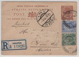 Straits Settlements, 1911, 4 Ct.- Überdruck- GS. + 9 Ct. Zusatz, gelaufen als R.- Postkarte von Singapore nach Wien