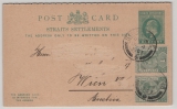 Straits Settments, 1907, 1 Ct.- Antwort- GS- Karte + 2 Ct. Zusatz, als Auslandspostkarte von Singapore nach Wien