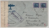 Italienisch Eritrea, 1940, 1,25 L. (2x) als MeF auf Auslandsbrief von Armeeabsender (Dt. Soldat!) nach Hamburg, mit Dt. + Italienischer und Eriträischer Zensur!