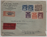 Tschechoslovakei, 1922, 1075 K. MiF (vs. + rs.) auf Einschreiben- Express- Auslandsbrief von Liberec nach Chemnitz