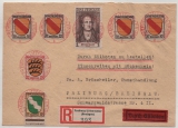 FRZ, Allgem Ausgaben, 1947, Mi.- Nrn.: 5 (!), 8, 10 (4x) + 11 in MiF auf R.- Express- Rückschein Ortsbrief, innerhalb von Freiburg