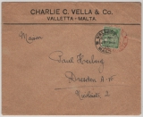 Malta, 1930, Gebührenfreier Auslandsbrief mit Nachtaxe 1/2 P., von Valetta nach Dresden! Interessante Gebührenkombi!